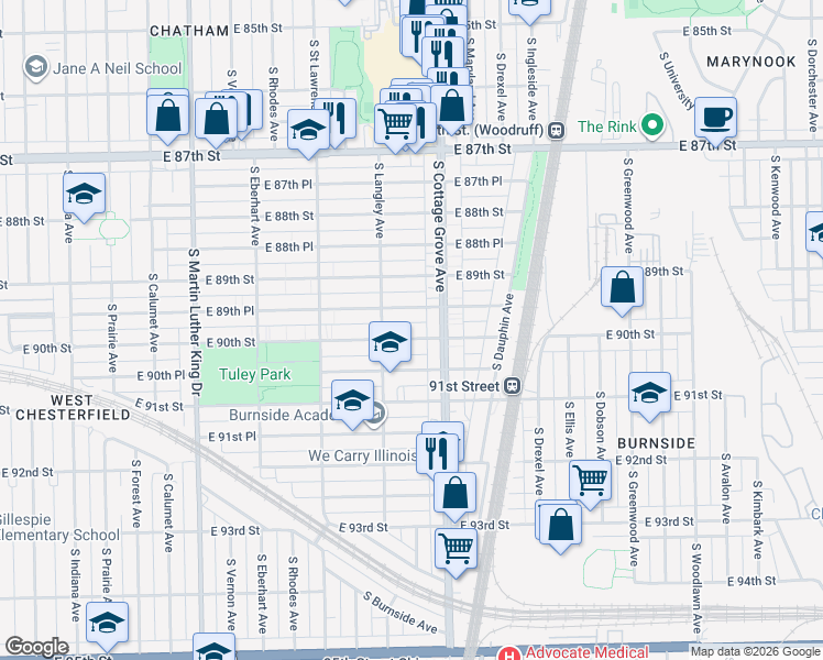 map of restaurants, bars, coffee shops, grocery stores, and more near 728 East 90th Street in Chicago