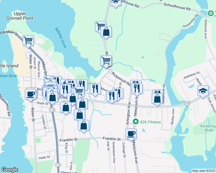 map of restaurants, bars, coffee shops, grocery stores, and more near 27 Benefit Street in Warren