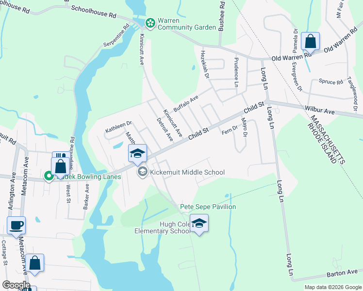 map of restaurants, bars, coffee shops, grocery stores, and more near 559 Child Street in Warren