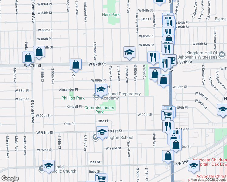 map of restaurants, bars, coffee shops, grocery stores, and more near 8828 South 51st Avenue in Oak Lawn