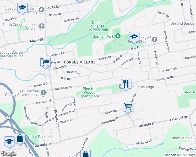 map of restaurants, bars, coffee shops, grocery stores, and more near 158 Woodmont Drive in East Hartford