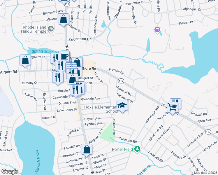 map of restaurants, bars, coffee shops, grocery stores, and more near 100 Moore Street in Warwick