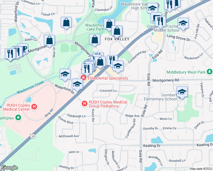 map of restaurants, bars, coffee shops, grocery stores, and more near 2259 Highfield Lane in Aurora