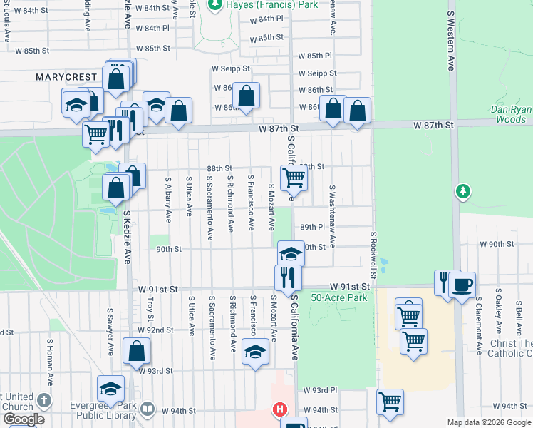 map of restaurants, bars, coffee shops, grocery stores, and more near 8906 South Mozart Avenue in Evergreen Park