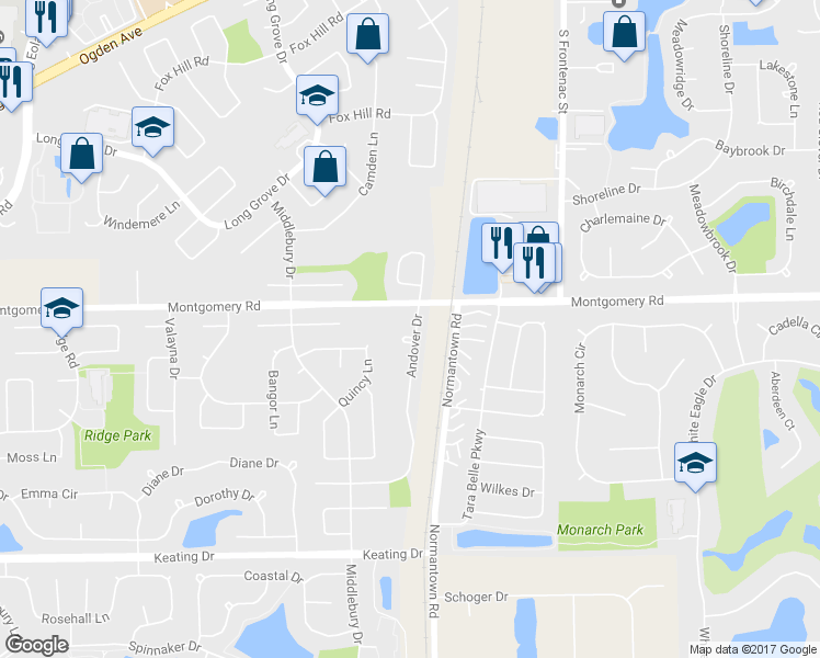 map of restaurants, bars, coffee shops, grocery stores, and more near 1321 Andover Drive in Aurora