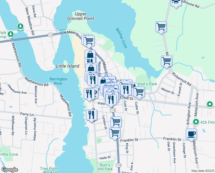 map of restaurants, bars, coffee shops, grocery stores, and more near 375 Main St in Warren