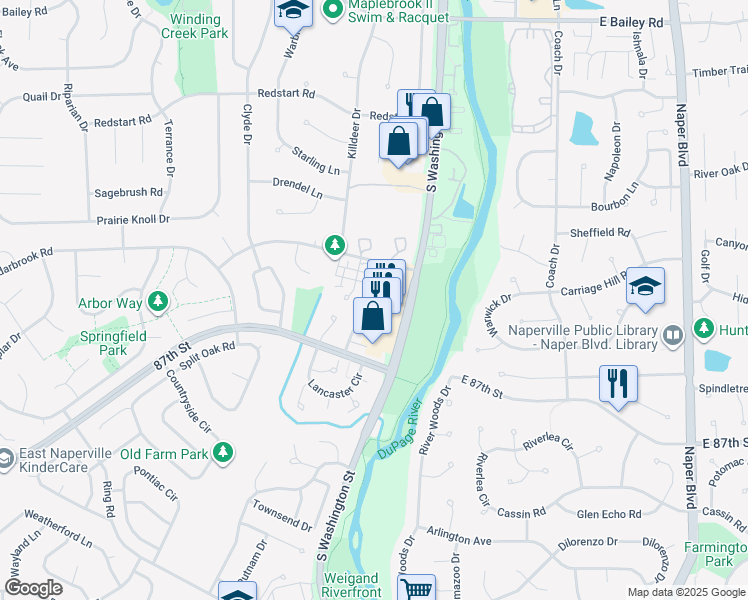 map of restaurants, bars, coffee shops, grocery stores, and more near 1945 Town Drive in Naperville