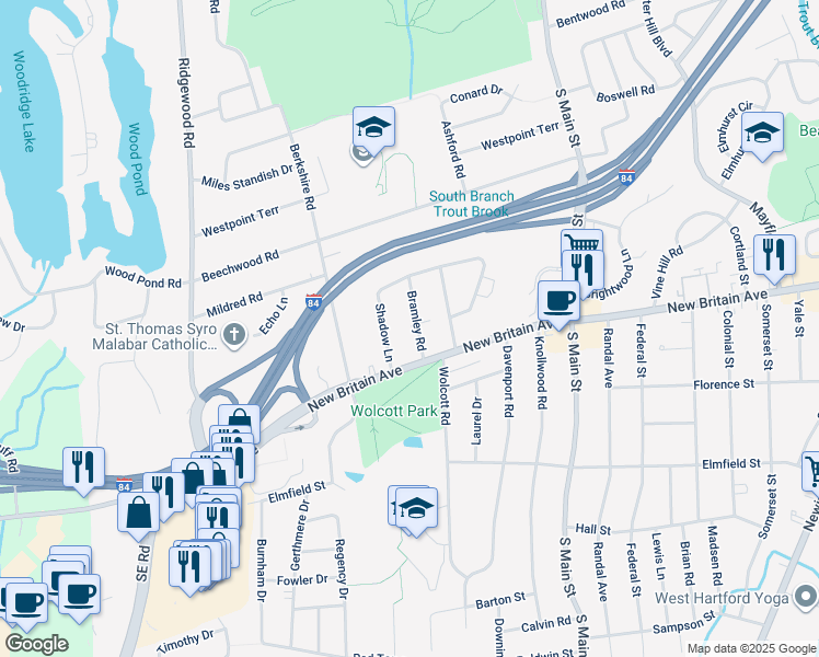 map of restaurants, bars, coffee shops, grocery stores, and more near 15 Bramley Road in West Hartford