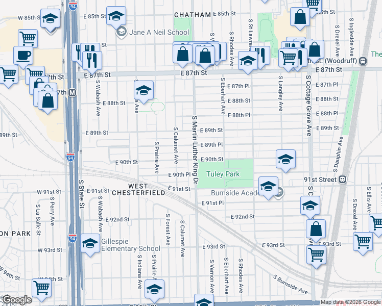 map of restaurants, bars, coffee shops, grocery stores, and more near 8949 South King Drive in Chicago