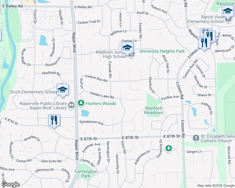 map of restaurants, bars, coffee shops, grocery stores, and more near 1951 Keim Court in Naperville
