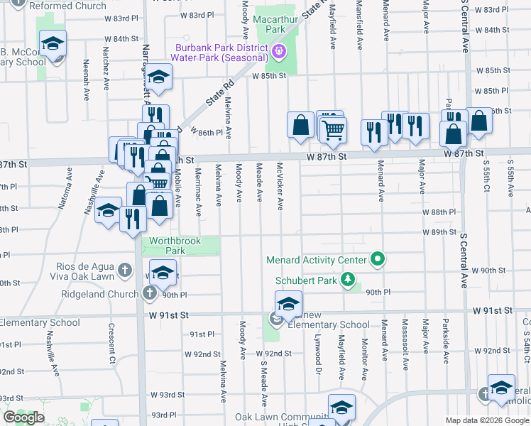 map of restaurants, bars, coffee shops, grocery stores, and more near 8833 Meade Avenue in Oak Lawn