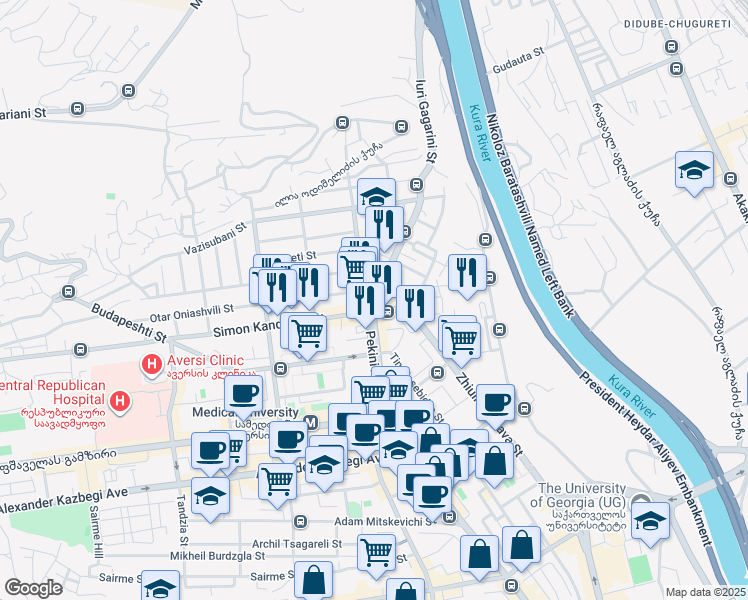 map of restaurants, bars, coffee shops, grocery stores, and more near Zurab Zhvania Square in Tbilisi