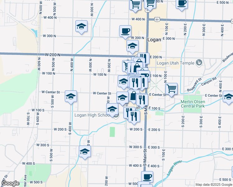 map of restaurants, bars, coffee shops, grocery stores, and more near 154 West Center Street in Logan