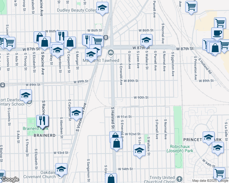 map of restaurants, bars, coffee shops, grocery stores, and more near 8935 South Halsted Street in Chicago