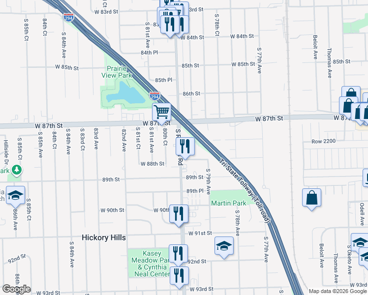 map of restaurants, bars, coffee shops, grocery stores, and more near 8743 South Roberts Road in Hickory Hills