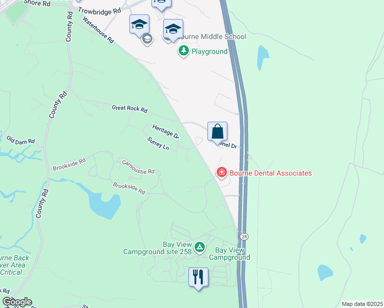 map of restaurants, bars, coffee shops, grocery stores, and more near 1 Carriage Circle in Bourne
