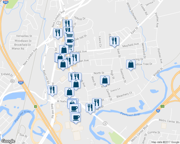 map of restaurants, bars, coffee shops, grocery stores, and more near 151 North Street in Warwick