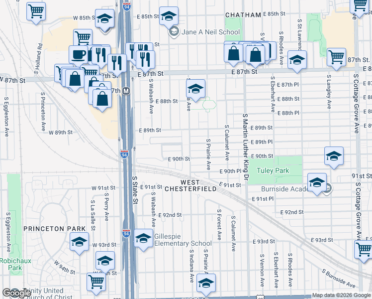map of restaurants, bars, coffee shops, grocery stores, and more near 8942 South Indiana Avenue in Chicago