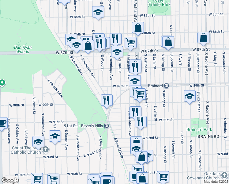 map of restaurants, bars, coffee shops, grocery stores, and more near 8919 S Hermitage Ave in Chicago