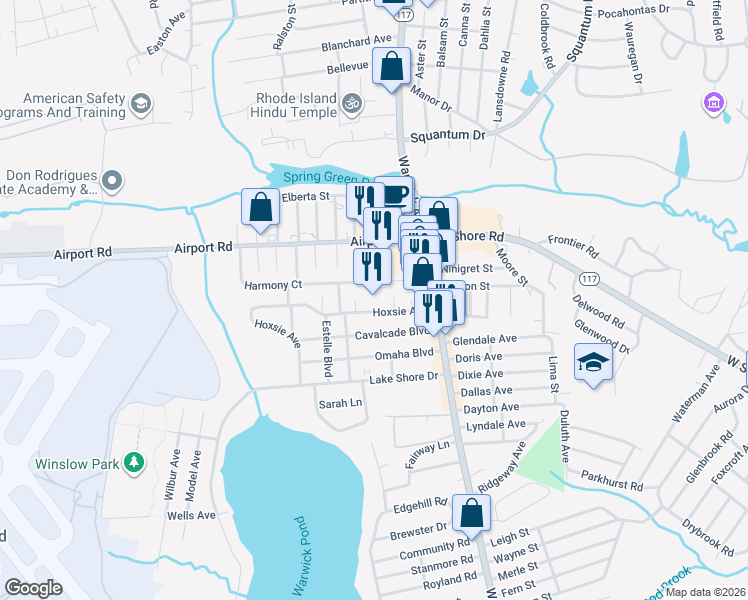 map of restaurants, bars, coffee shops, grocery stores, and more near 61 Hoxsie Avenue in Warwick