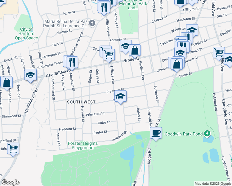 map of restaurants, bars, coffee shops, grocery stores, and more near 656 Hillside Avenue in Hartford