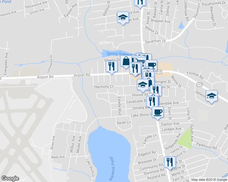 map of restaurants, bars, coffee shops, grocery stores, and more near 157 Hoxsie Avenue in Warwick