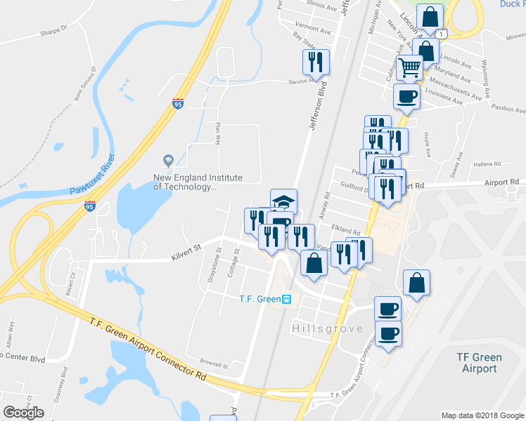 map of restaurants, bars, coffee shops, grocery stores, and more near 41 Blackburn Street in Warwick