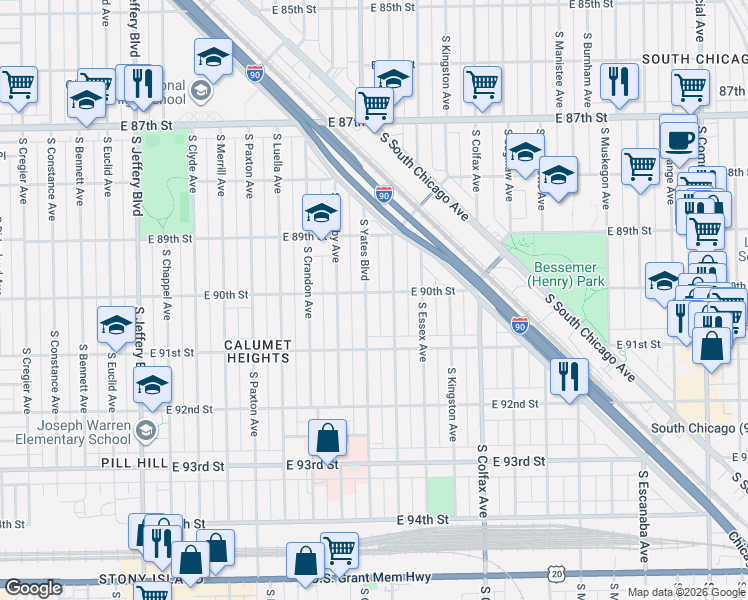 map of restaurants, bars, coffee shops, grocery stores, and more near 9005 South Yates Boulevard in Chicago