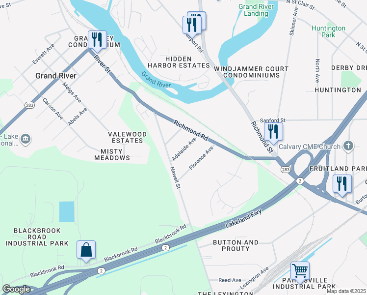 map of restaurants, bars, coffee shops, grocery stores, and more near 36 Adelaide Avenue in Painesville