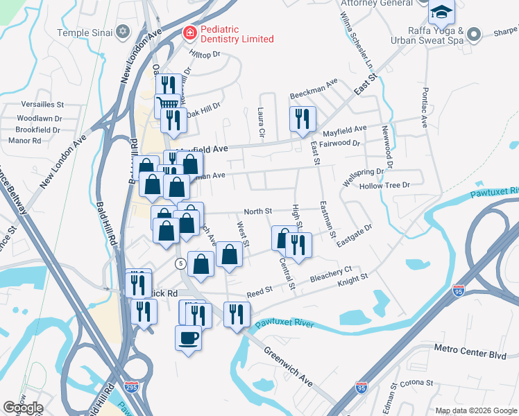 map of restaurants, bars, coffee shops, grocery stores, and more near 109 North Street in Warwick