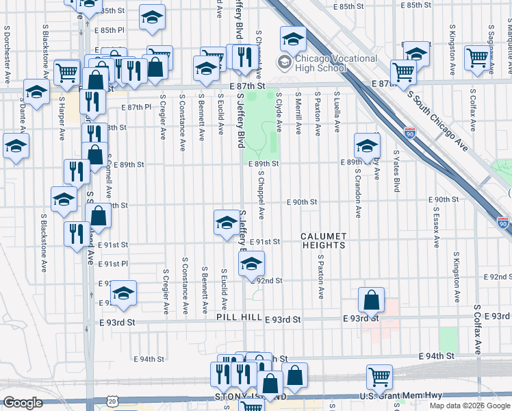 map of restaurants, bars, coffee shops, grocery stores, and more near 9000 South Chappel Avenue in Chicago