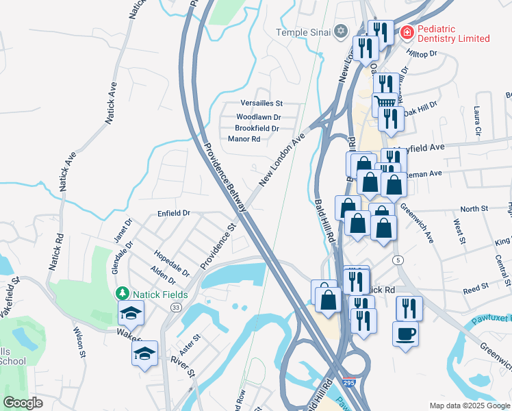 map of restaurants, bars, coffee shops, grocery stores, and more near 1027 Providence Street in West Warwick