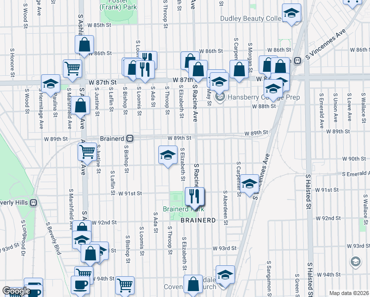 map of restaurants, bars, coffee shops, grocery stores, and more near 8925 South Elizabeth Street in Chicago