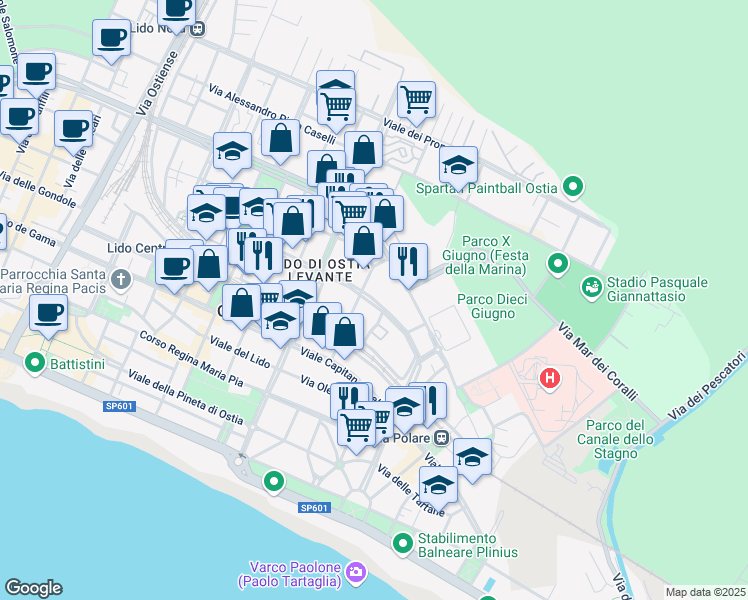 map of restaurants, bars, coffee shops, grocery stores, and more near 46 Via Ferdinando Acton in Lido di Ostia
