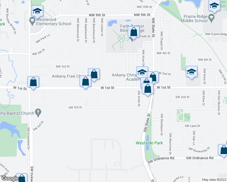 map of restaurants, bars, coffee shops, grocery stores, and more near 1937 W 1st St in Ankeny
