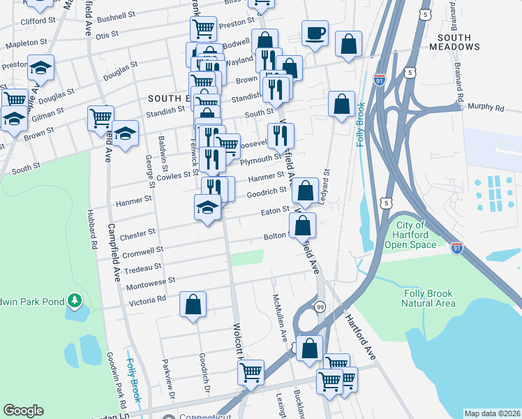 map of restaurants, bars, coffee shops, grocery stores, and more near 46 Eaton Street in Hartford