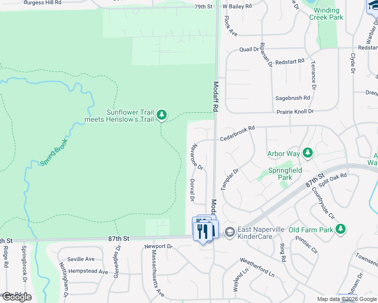 map of restaurants, bars, coffee shops, grocery stores, and more near 1973 Navarone Drive in Naperville