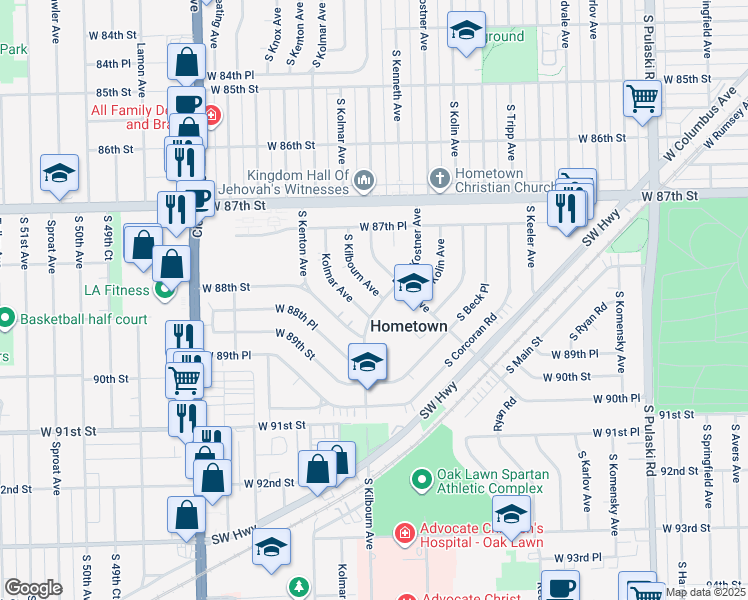 map of restaurants, bars, coffee shops, grocery stores, and more near 8830 South Kilbourn Avenue in Hometown