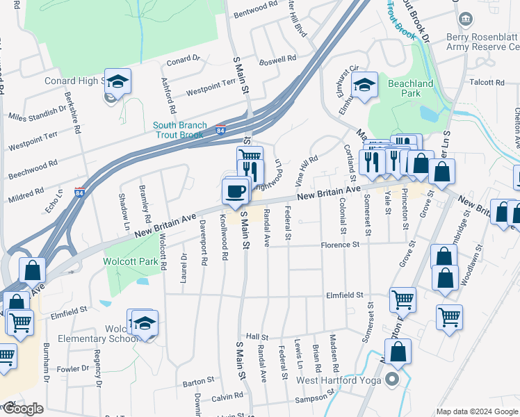 map of restaurants, bars, coffee shops, grocery stores, and more near 1237 New Britain Avenue in West Hartford