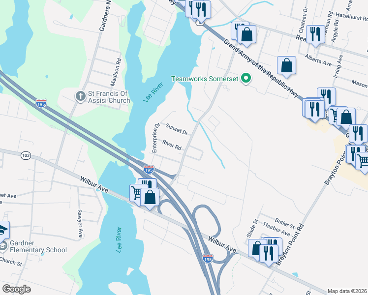 map of restaurants, bars, coffee shops, grocery stores, and more near 343 Lees River Avenue in Somerset