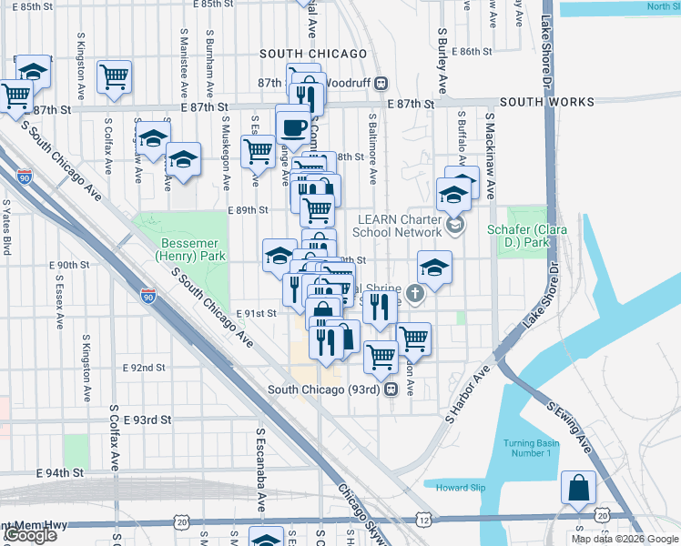 map of restaurants, bars, coffee shops, grocery stores, and more near 9010 South Houston Avenue in Chicago