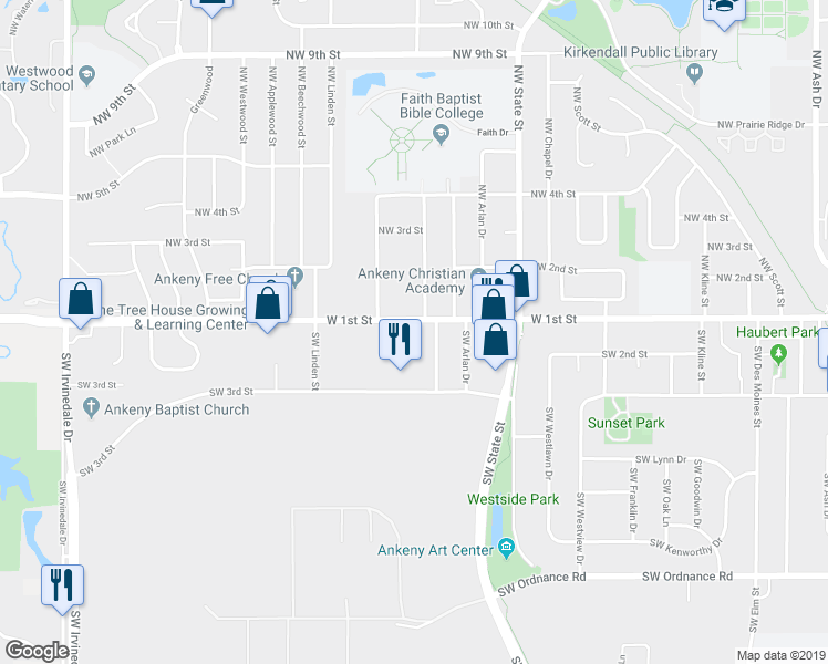 map of restaurants, bars, coffee shops, grocery stores, and more near 1901 West 1st Street in Ankeny