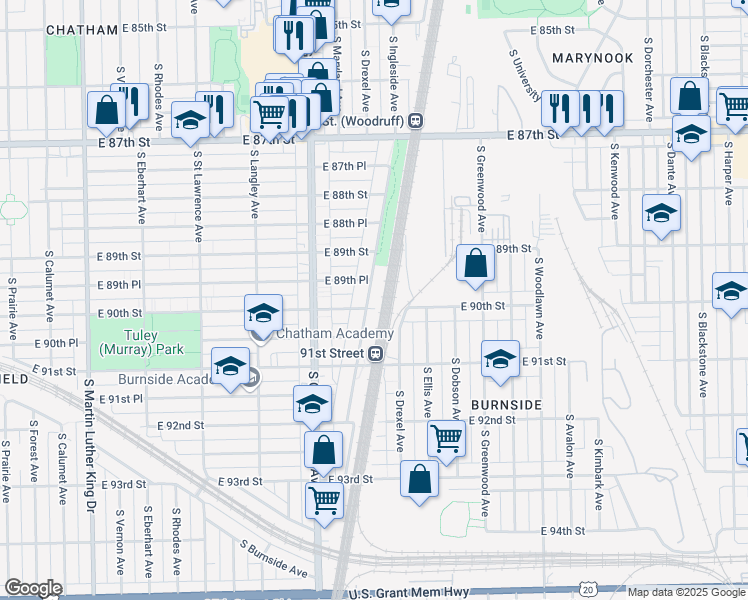 map of restaurants, bars, coffee shops, grocery stores, and more near 8939 South Dauphin Avenue in Chicago