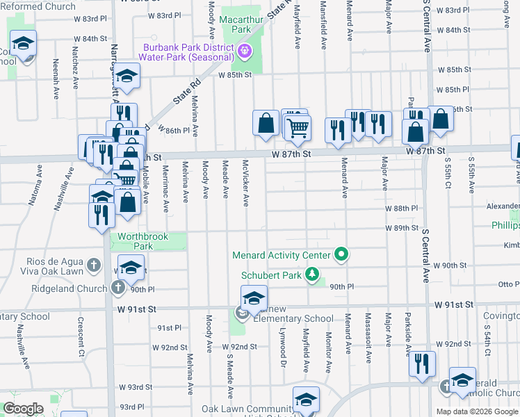 map of restaurants, bars, coffee shops, grocery stores, and more near 8812 Austin Avenue in Oak Lawn