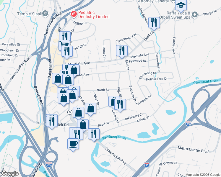 map of restaurants, bars, coffee shops, grocery stores, and more near 77 North Street in Warwick