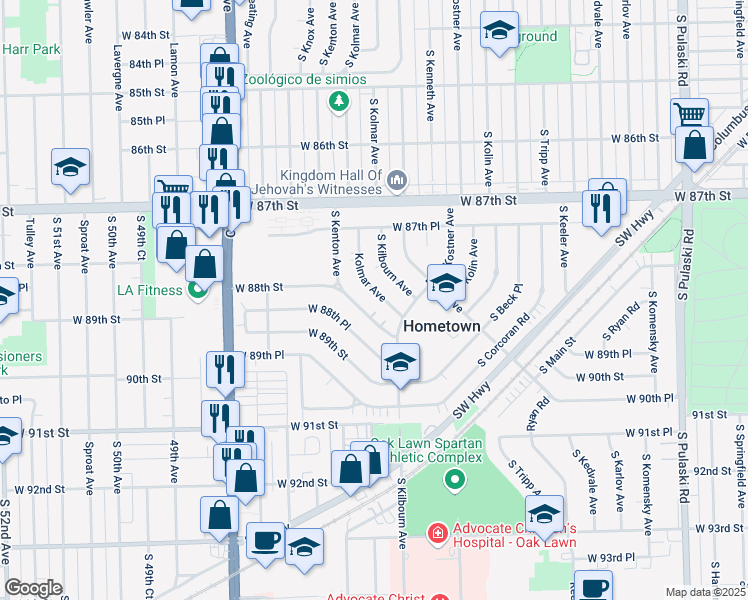 map of restaurants, bars, coffee shops, grocery stores, and more near 8824 Kolmar Avenue in Hometown
