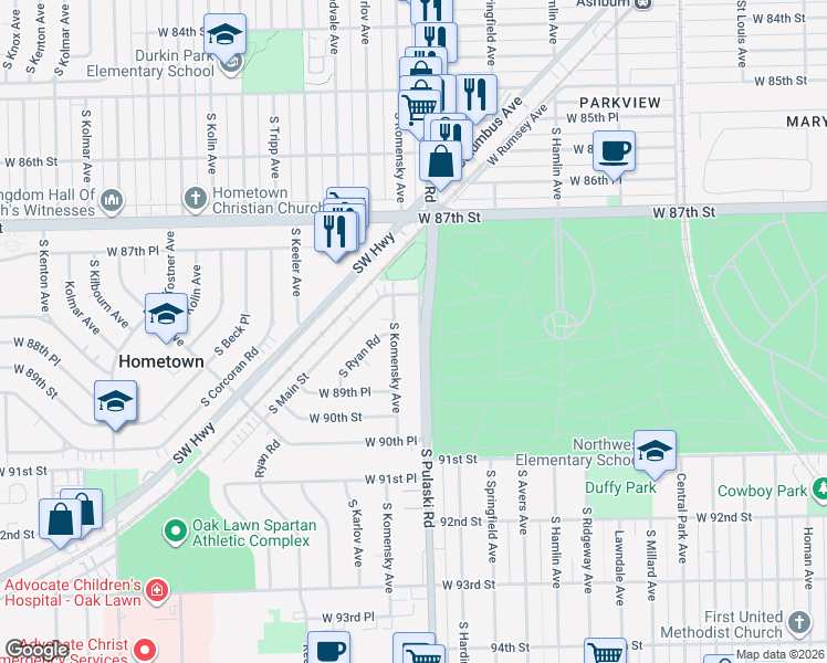 map of restaurants, bars, coffee shops, grocery stores, and more near 8836 Crawford Avenue in Hometown