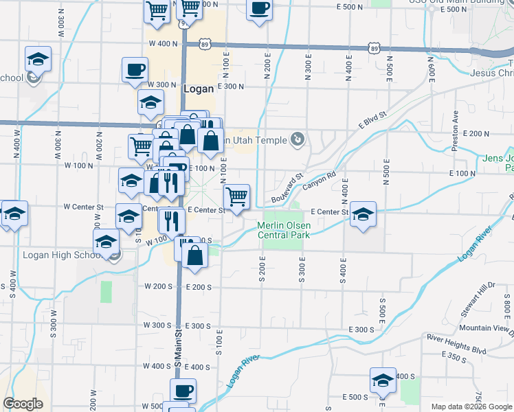 map of restaurants, bars, coffee shops, grocery stores, and more near 191 East Center Street in Logan