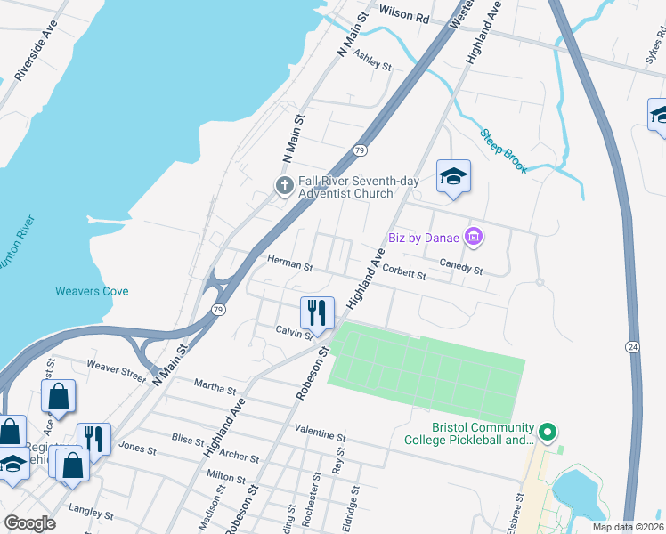 map of restaurants, bars, coffee shops, grocery stores, and more near 230 Quincy Street in Fall River
