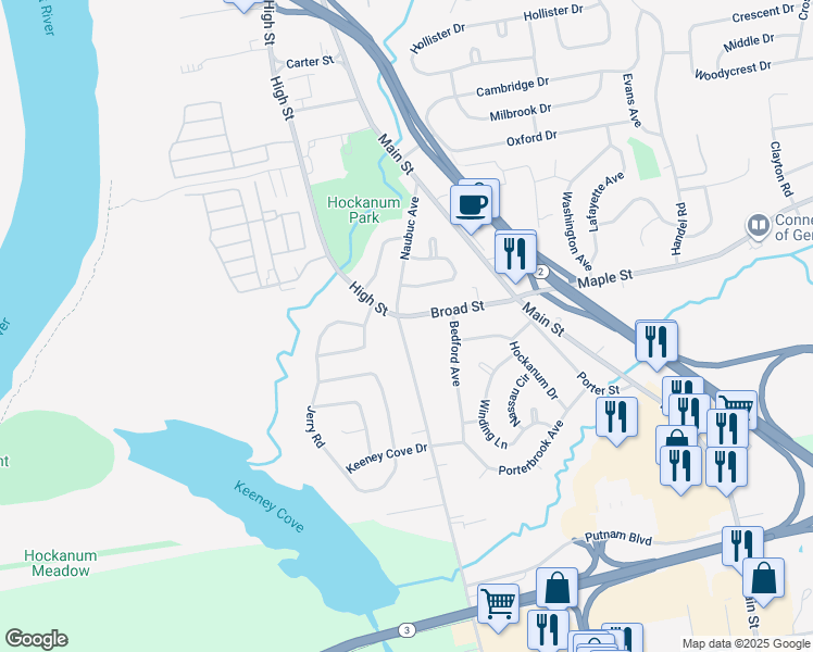 map of restaurants, bars, coffee shops, grocery stores, and more near 130 Naubuc Avenue in East Hartford